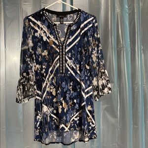Style & Co. Blue Floral Blouse with White and Brown Accents